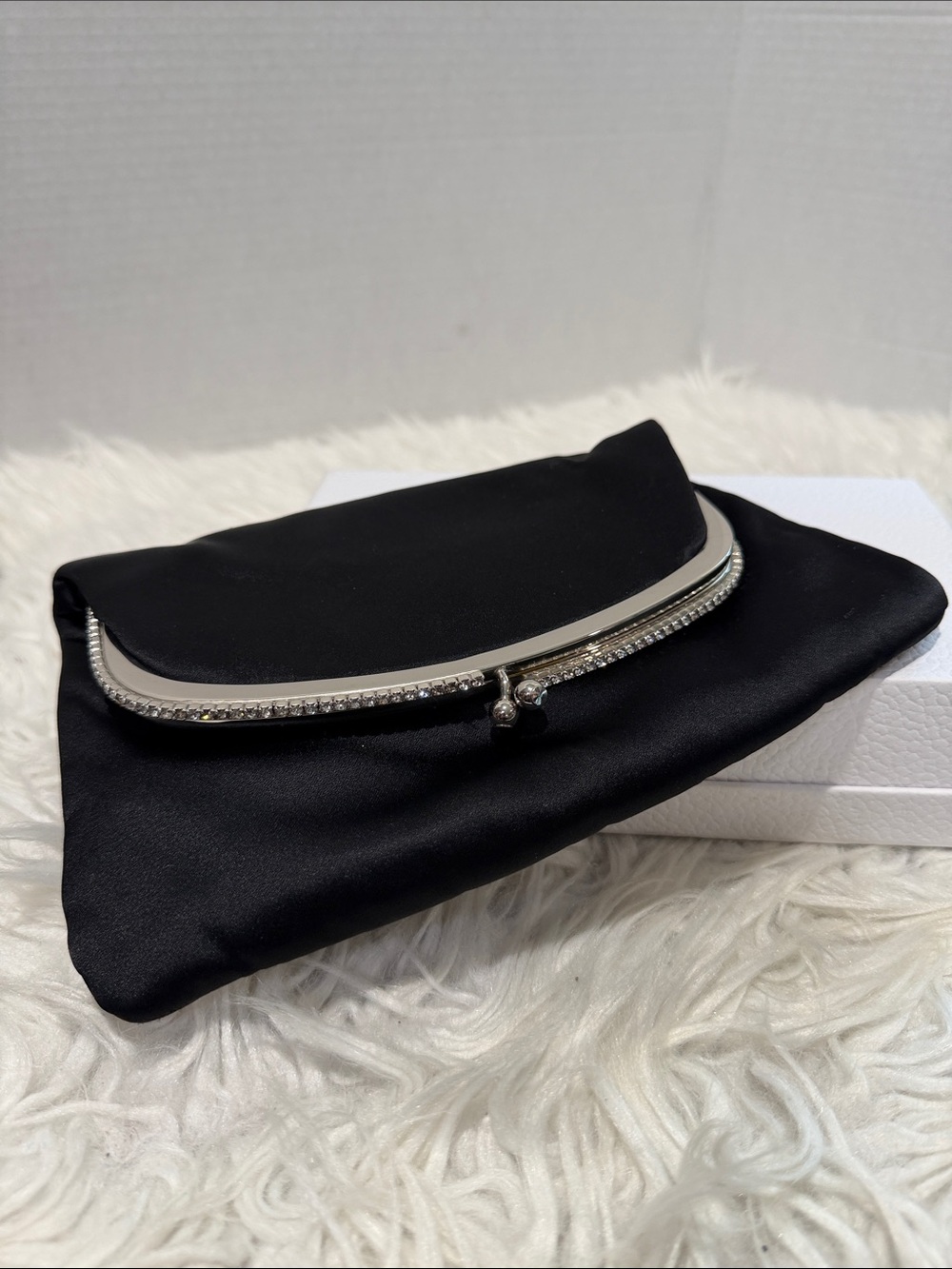 Elegant Black Satin Foldover Clutch with Rhinestones Accents